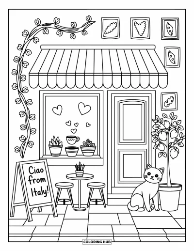 Coloriage d'Italie pour adultes : Un petit café avec de la vapeur d'expresso en forme de cœur et un chat vous accueille en Italie