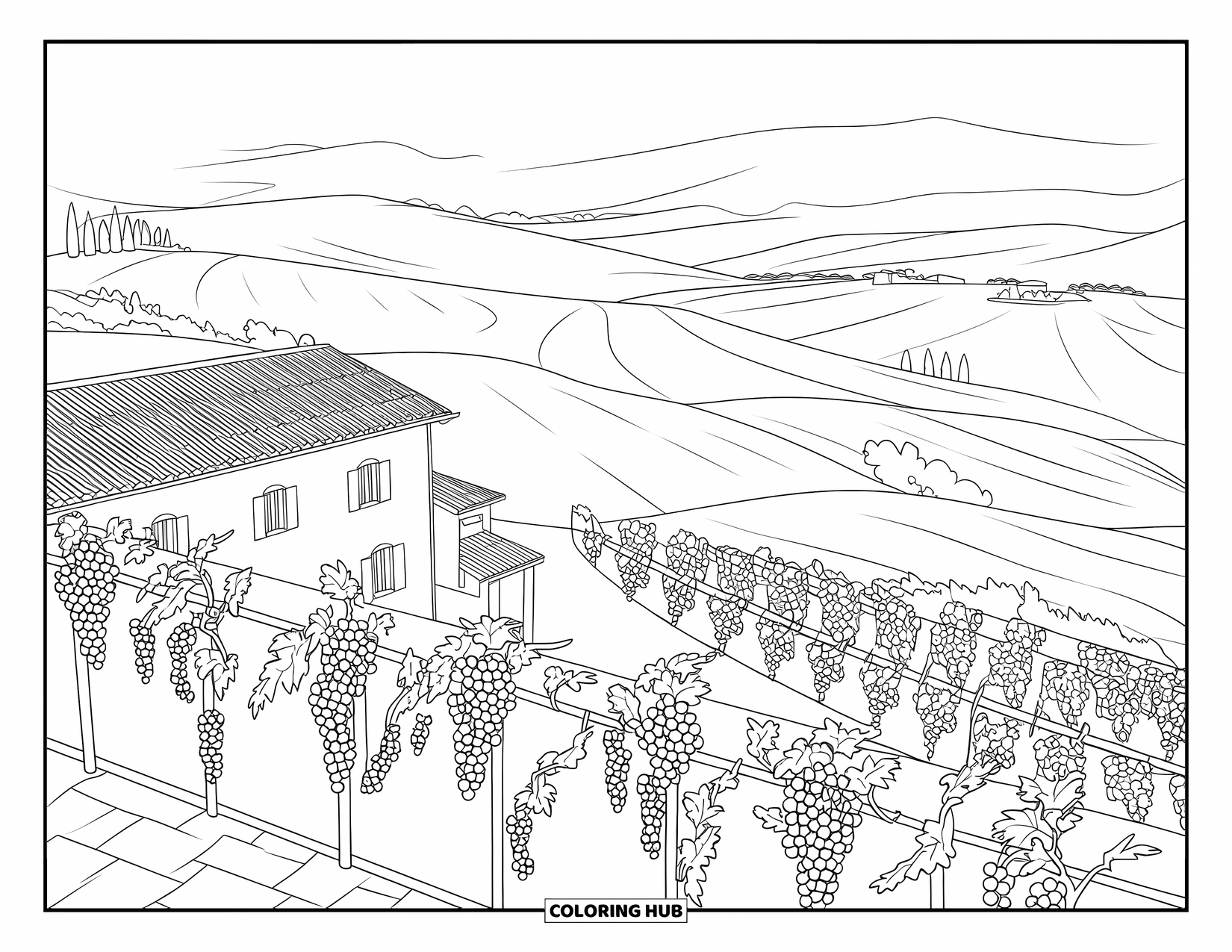 Italy Coloring Page for Adults: A villa terrace looks out over soft vineyards and distant hilltop towns