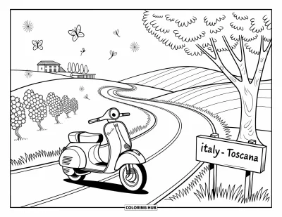 Coloriage d'Italie pour adultes : Une route sinueuse mène devant un scooter garé jusqu'à une enseigne indiquant "Italy Toscana"