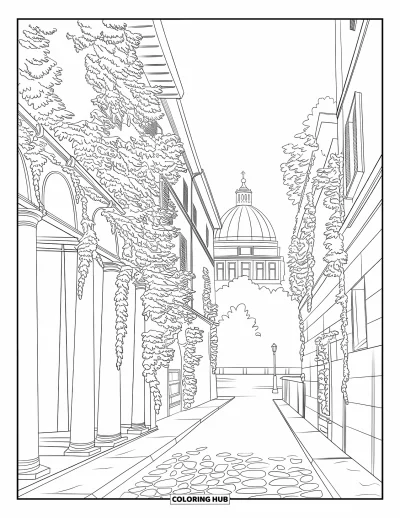 Coloriage d'Italie pour adultes : Des colonnes et des arcades longent une ruelle romaine couverte de lierre avec le Panthéon en perspective