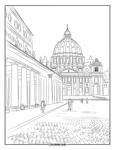 Coloriage d'Italie pour adultes : Des colonnes détaillées et des clochers jumeaux encadrent la scène au cœur du Vatican