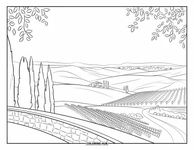 Coloriage d'Italie pour adultes : Des vignobles en terrasses et des routes sinueuses remplissent le paysage depuis la terrasse d'une villa toscane