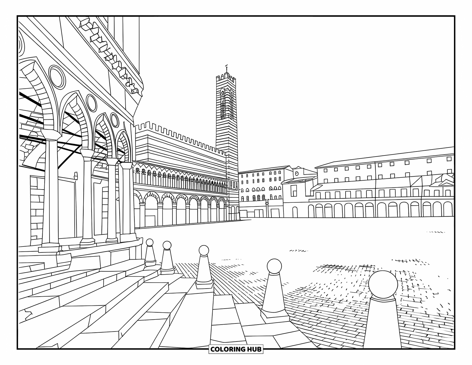 Italy Coloring Page for Adults: Historic Siena's piazza unfolds with brick paths and elegant architectural details all around