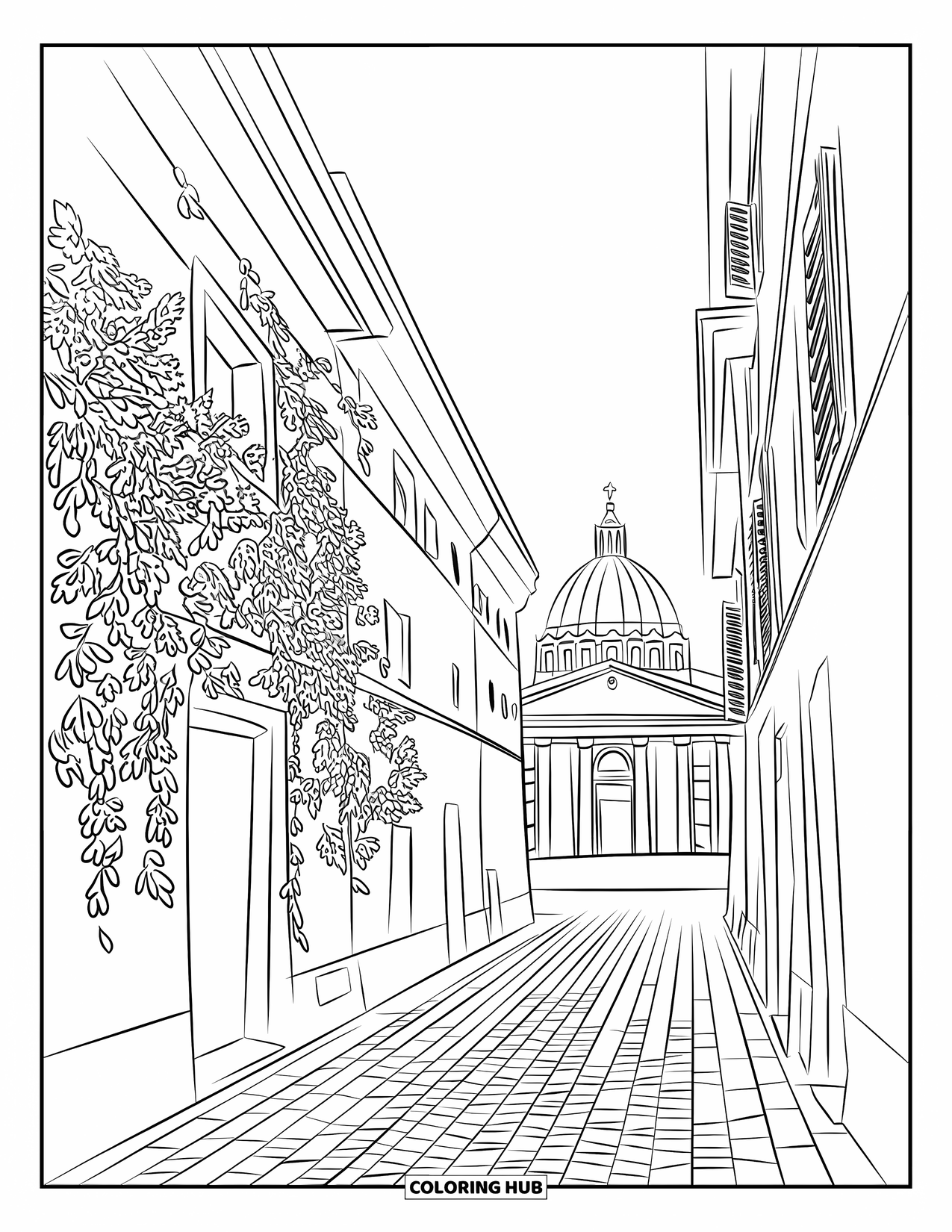 Italy Coloring Page for Adults: Ivy winds across Roman walls in a narrow alley with a distant Pantheon view