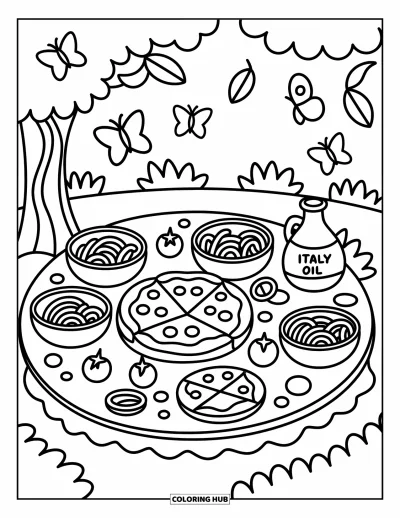 Coloriage d'Italie pour adultes : De petites gourmandises et une bouteille d'"Italy Oil" reposent sous un arbre lors d'un pique-nique