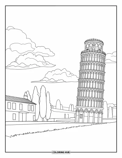 Coloriage d'Italie pour adultes : La tour de Pise se penche avec de douces nuées et des bâtiments lointains qui complètent l'horizon dégagé