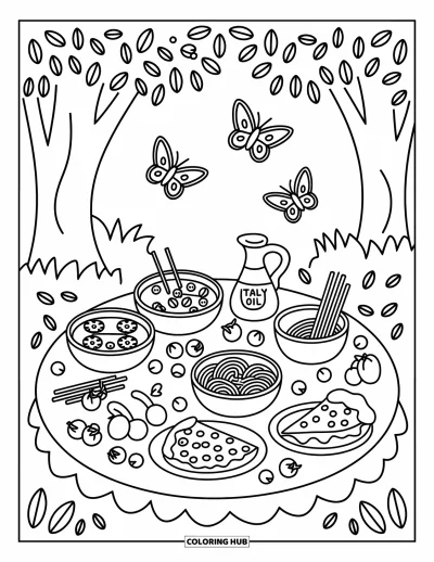 Coloriage d'Italie pour adultes : De la pizza, des pâtes et des olives garnissent un pique-nique sous un arbre avec des papillons alentour