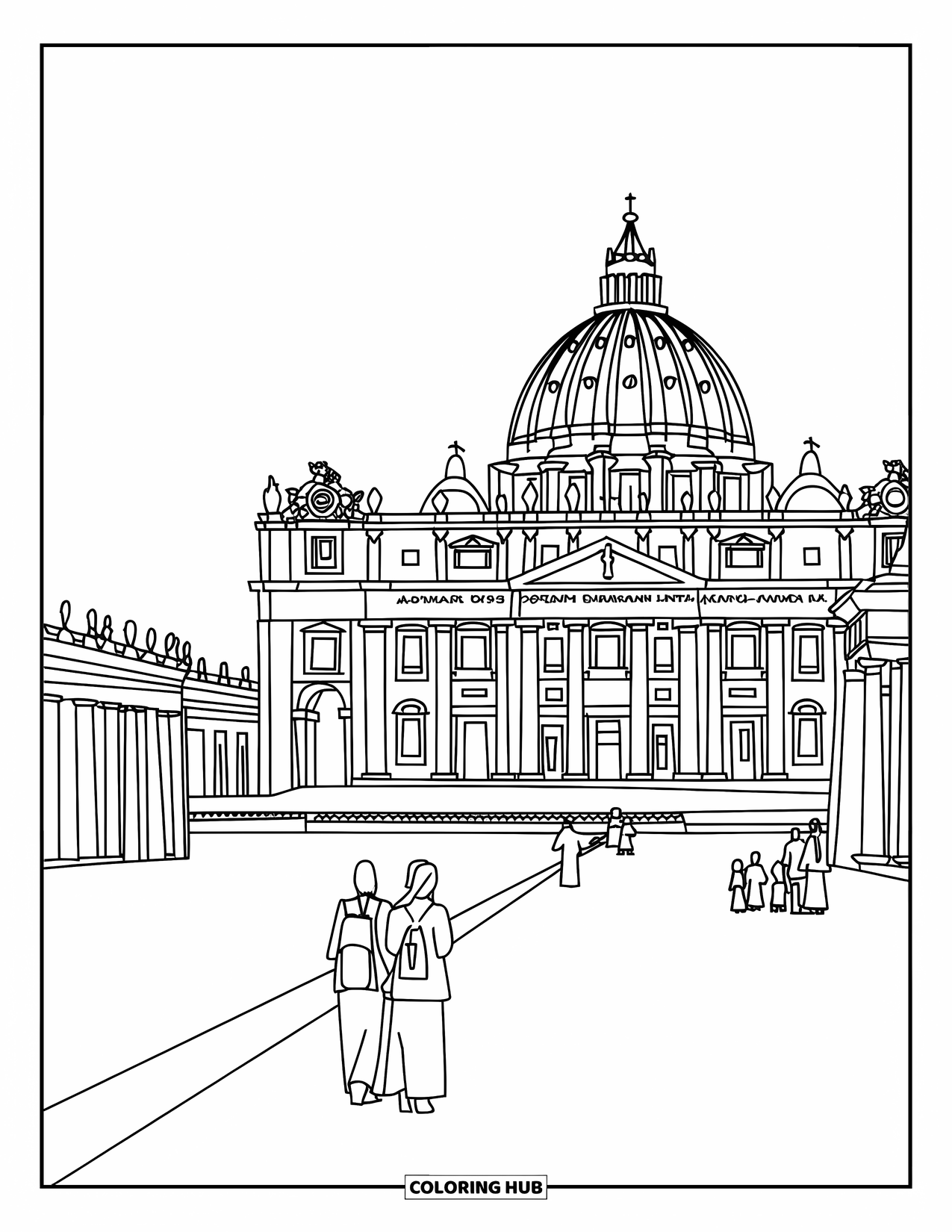 Italy Coloring Page for Adults: St. Peter's Basilica stands proudly with columns and a few visitors wandering through the square