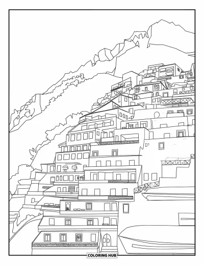 Coloriage d'Italie pour adultes : Des maisons empilées surplombent des bateaux dans une vue au coucher du soleil sur Positano, au bord de la mer
