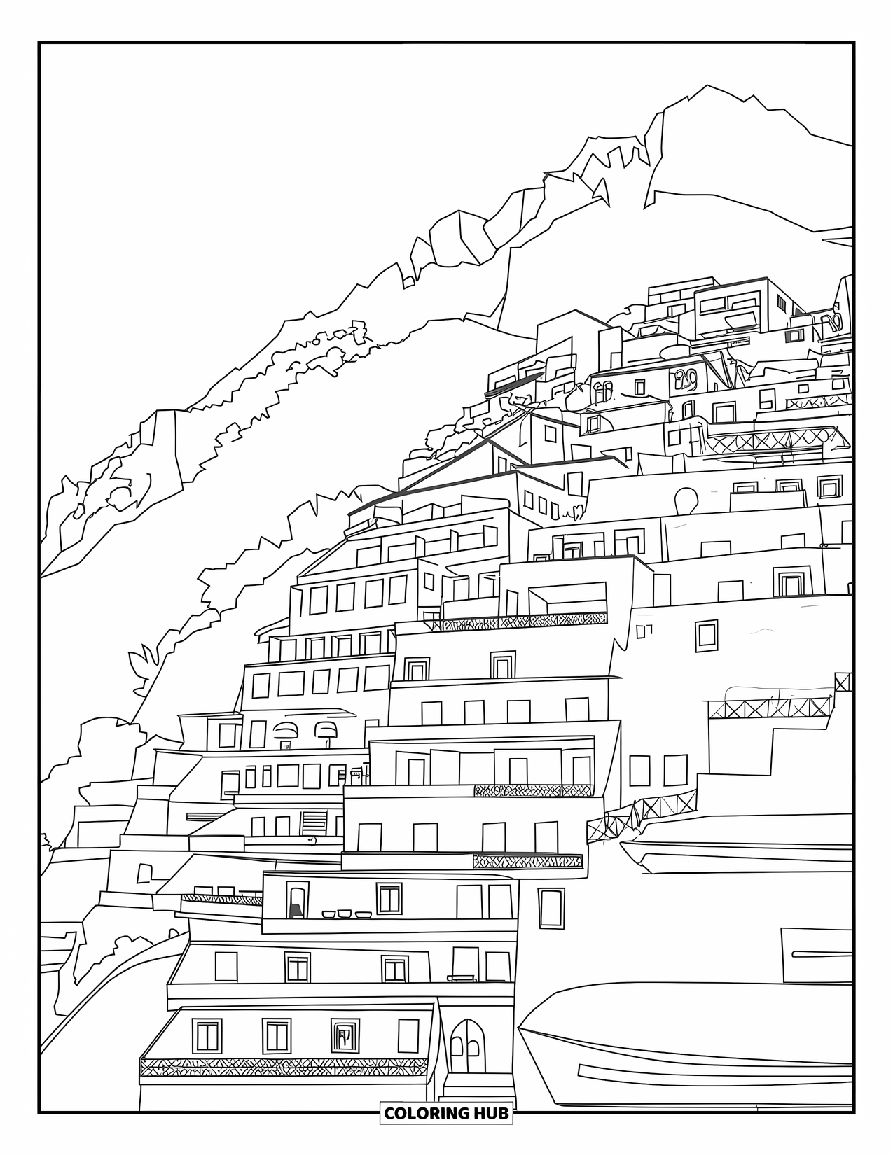 Italy Coloring Page for Adults: Stacked homes rise above boats in a sunset view of Positano on the coast