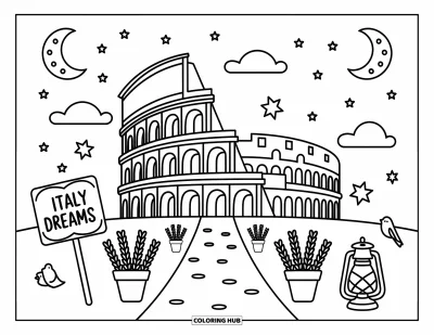 Coloriage d'Italie pour adultes : Des étoiles scintillent au-dessus d'un Colisée tout mignon orné de lavande en pot et d'un oiseau endormi