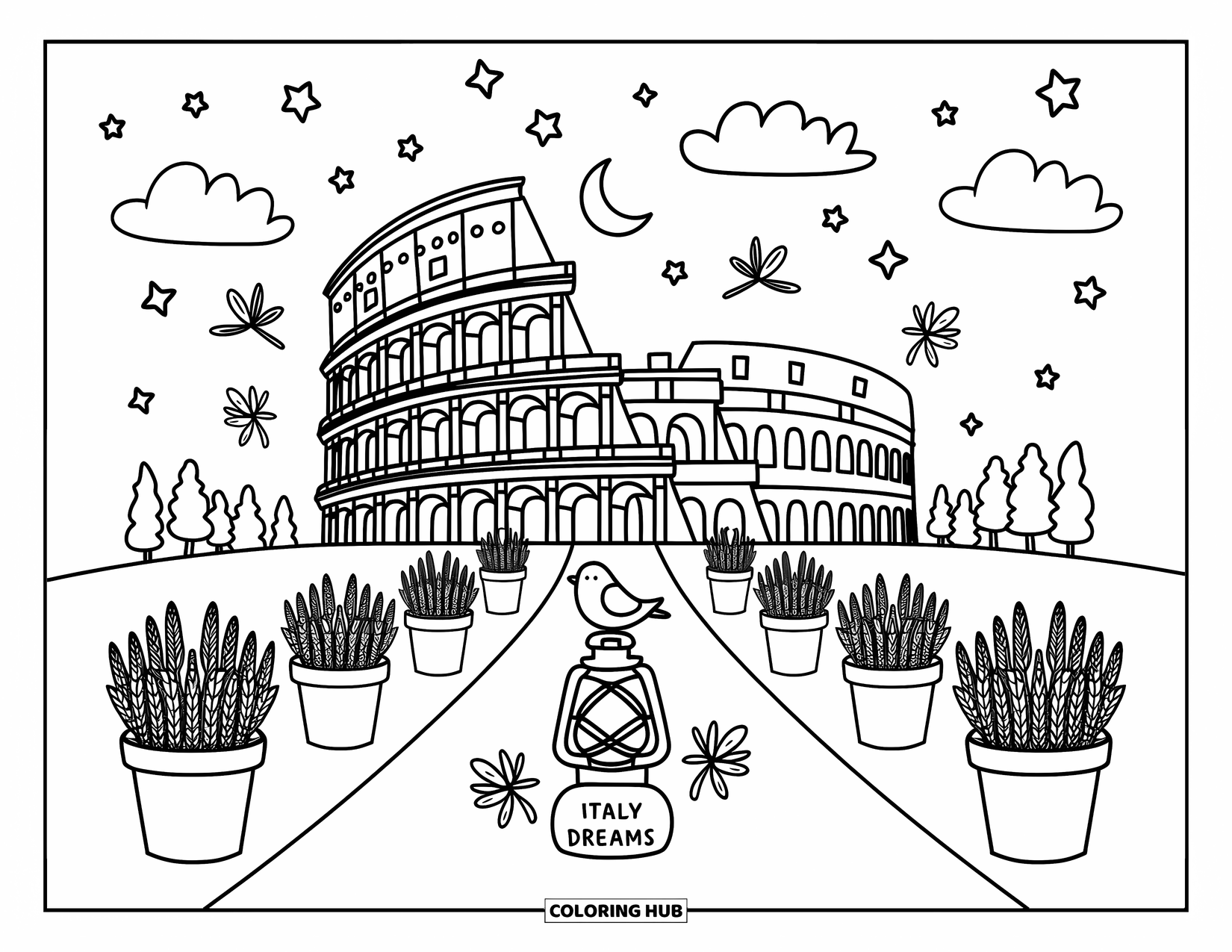 Italy Coloring Page for Adults: The Colosseum glows under a dreamy night sky with lavender and sleepy lanterns