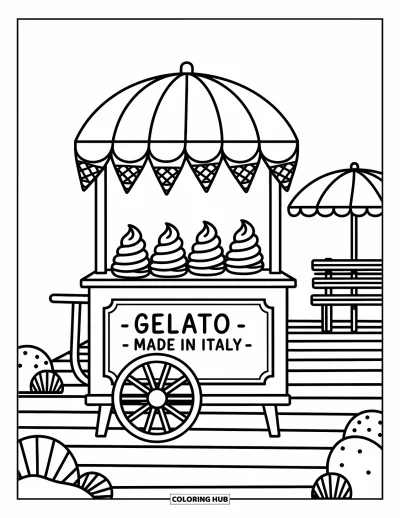 Coloriage d'Italie pour adultes : Le chariot à gelato trône fièrement à côté d'un banc où l'on se détend, entouré de coquillages éparpillés