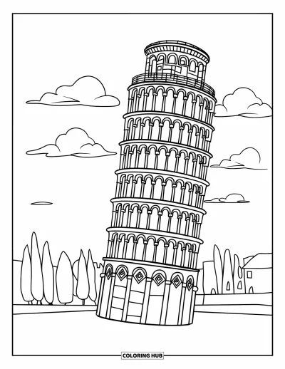 Coloriage d'Italie pour adultes : La tour penchée de Pise se dresse avec de doux nuages et des arbres en arrière-plan