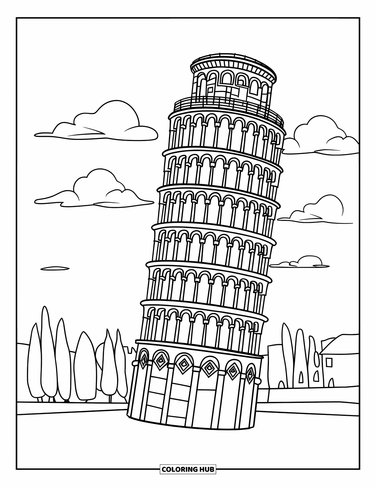 Italy Coloring Page for Adults: The Leaning Tower of Pisa stands with soft clouds and trees in the background