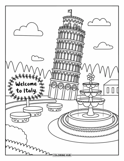 Coloriage d'Italie pour adultes : La Tour penchée s'incline à côté d'une place ornée d'une fontaine en forme de fleur et de bancs