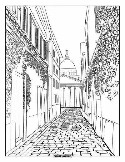 Coloriage d'Italie pour adultes : La coupole du Panthéon pointe au-dessus des toits tandis que le lierre longe une rue en pavés calme