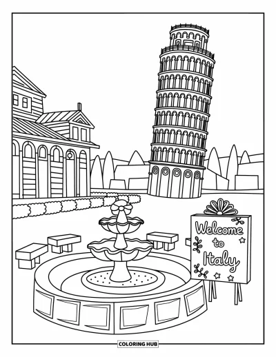 Coloriage d'Italie pour adultes : La tour de Pise se dresse près d'une place chaleureuse avec des étoiles, des vignes et une fontaine
