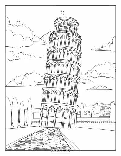 Coloriage d'Italie pour adultes : La tour de Pise s'élève au-dessus des pavés, des fissures et de tendres arbres dans un cadre serein