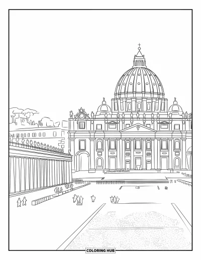 Coloriage d'Italie pour adultes : La coupole de la basilique du Vatican s'élève au-dessus de chemins en pavés et d'une végétation luxuriante