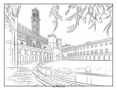 Coloriage d'Italie pour adultes : Des tours et des coupoles se dressent au-dessus de la Piazza del Campo pavée de briques dans cette vue apaisante