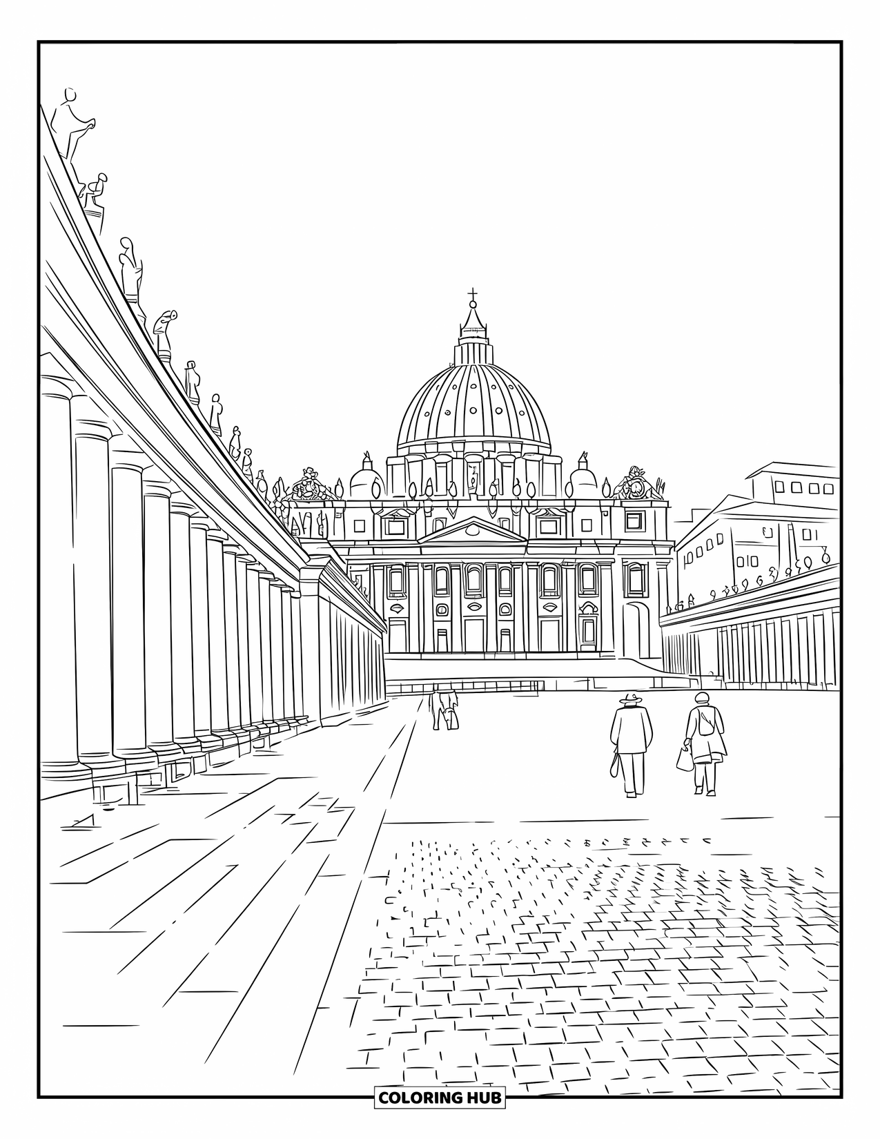 Italy Coloring Page for Adults: Visitors in hats stroll past columns at St. Peter's Square beneath the grand basilica