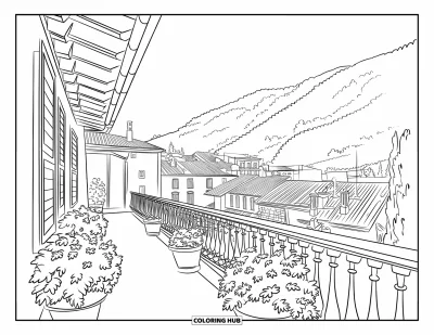 Coloriage d'Italie pour enfants : Un balcon fleuri de plantes en pot surplombe un charmant village italien entouré de montagnes
