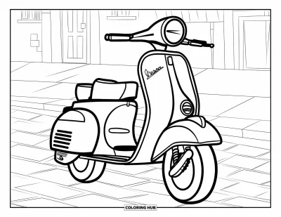 Coloriage d'Italie pour enfants : Une Vespa aux grandes roues se tient sur un pavé avec des bâtiments en toile de fond