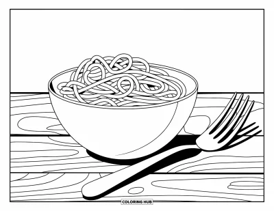 Coloriage d'Italie pour enfants : Un bol de spaghettis est posé à côté d'une grande fourchette sur une surface en bois