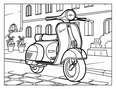Coloriage d'Italie pour enfants : Une Vespa de style cartoon aux grandes roues est posée sur un pavé entouré de plantes en pot