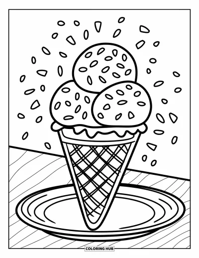 Coloriage d'Italie pour enfants : Un joyeux cornet de gelato à trois boules est posé sur une assiette avec des vermicelles colorés