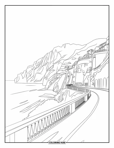 Coloriage d'Italie pour enfants : Une route côtière le long des falaises d'Amalfi dévoile l'océan et les villages accrochés à la colline