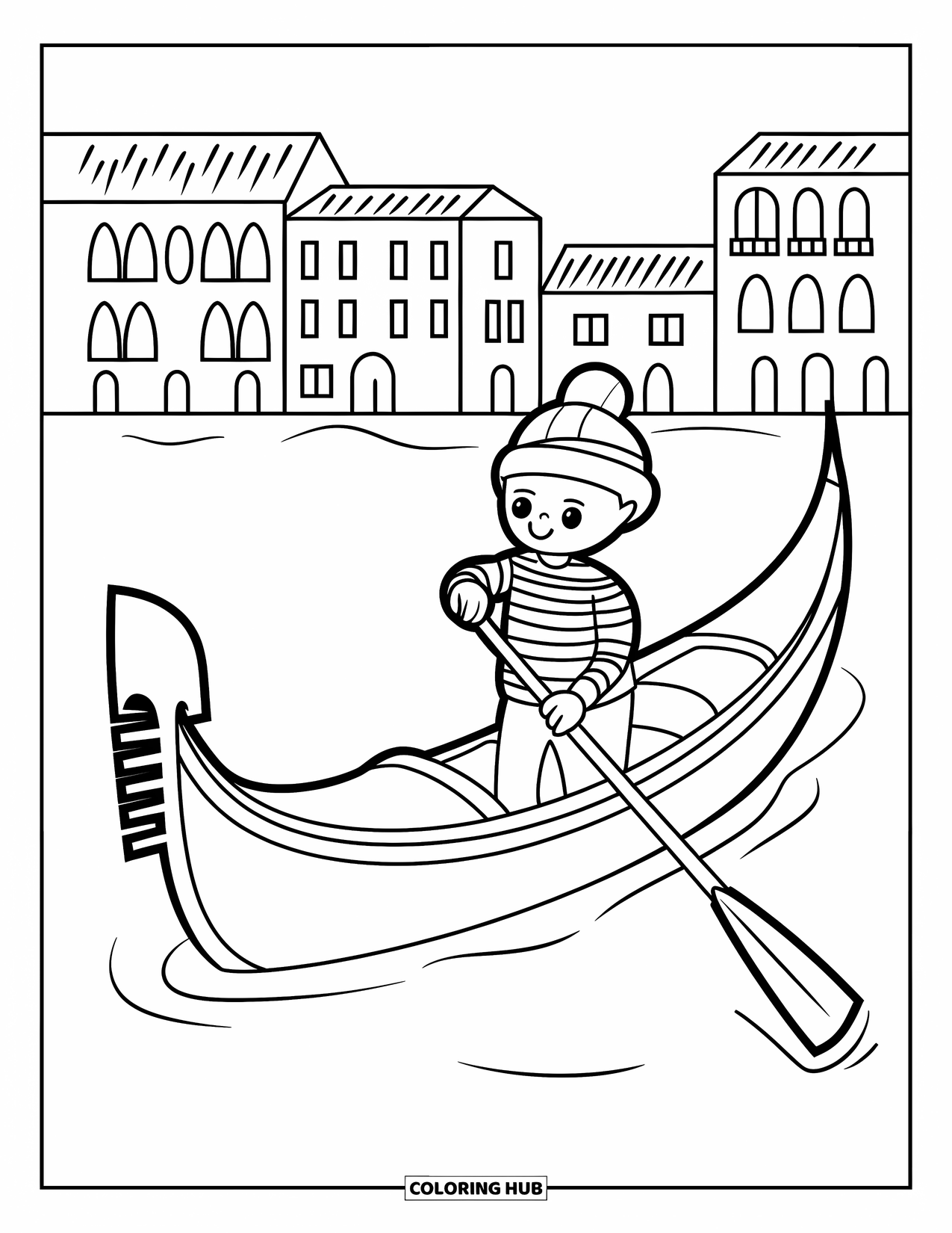 Italy Coloring Page for Kids: A cute gondola floats gently past red-roofed buildings and calm water
