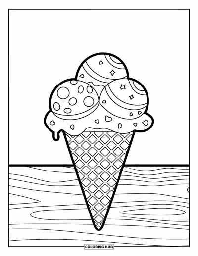 Coloriage d'Italie pour enfants : Un cornet de gelato avec plusieurs boules est posé joyeusement sur une table blanche