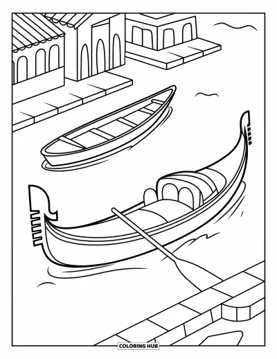 Coloriage d'Italie pour enfants : Une gondole et une barque dérivent sur des eaux paisibles près de bâtiments citadins calmes