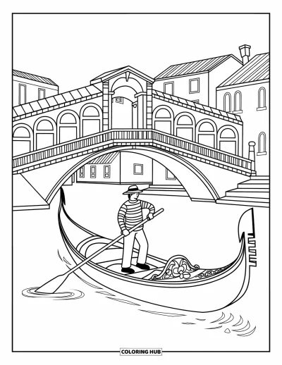 Coloriage d'Italie pour enfants : Une gondole glisse sous des ponts et longe des maisons aux toits rouges dans la Venise sereine