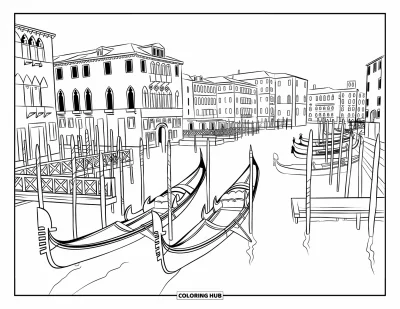 Coloriage d'Italie pour enfants : Une vue panoramique de Venise montre des gondoles, des ponts et des gondoliers dans un cadre de canal animé