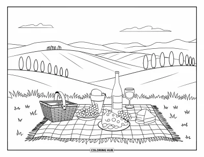 Coloriage d'Italie pour enfants : Un pique-nique avec du vin et du fromage surplombe les collines toscanes et les cyprès