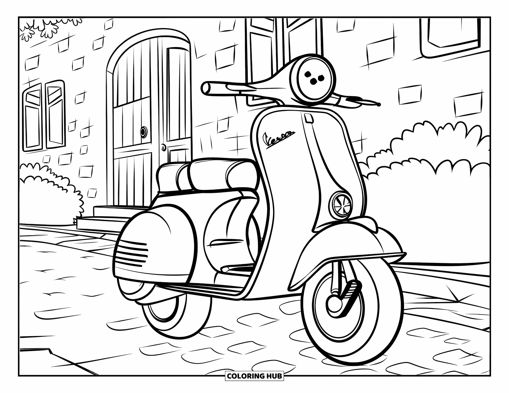 Italy Coloring Page for Kids: A playful Vespa with big wheels sits near a red-brick building and cloudy sky