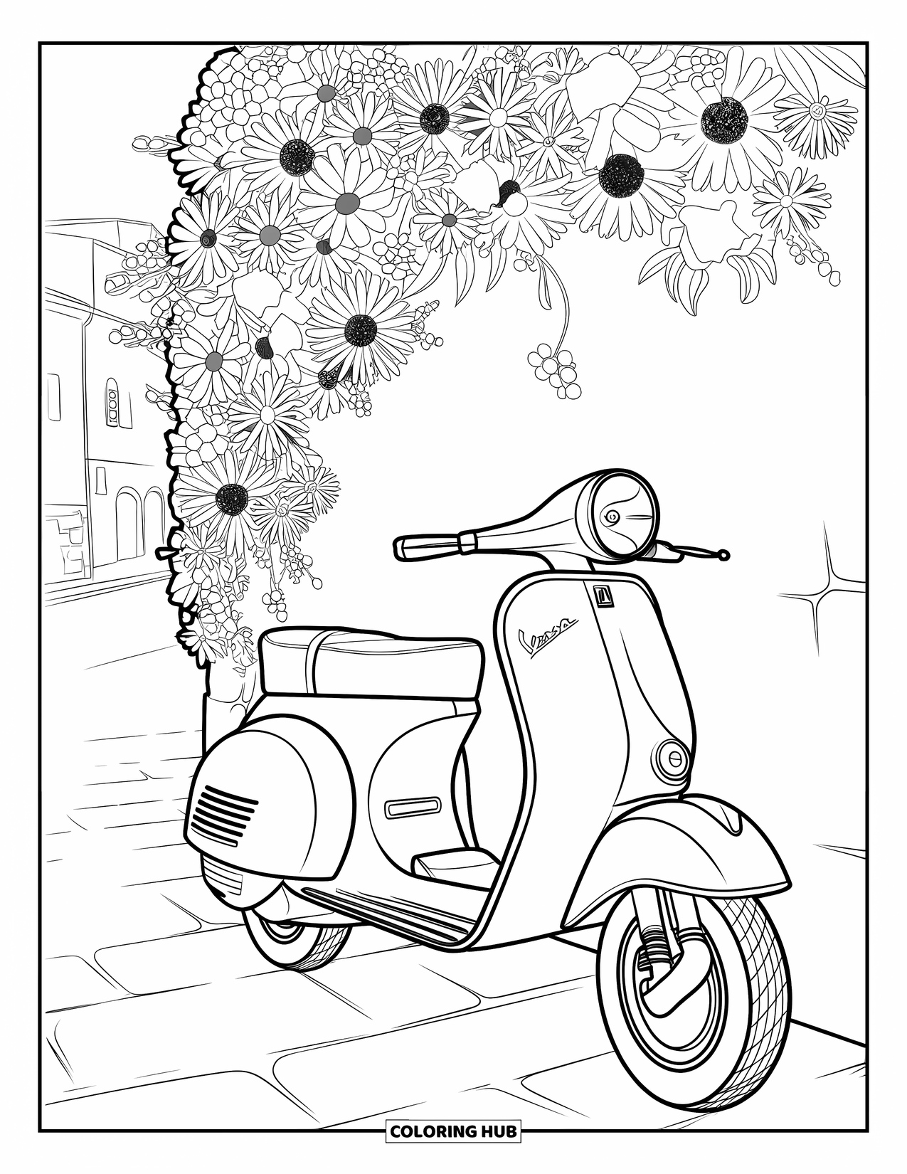 Italy Coloring Page for Kids: A red-and-beige Vespa rests near sunflowers and roses on a cobbled Italian street