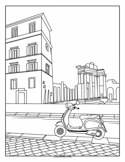 Coloriage d'Italie pour enfants : Une scène de rue romaine inclut un scooter près d'un grand immeuble et d'anciennes ruines
