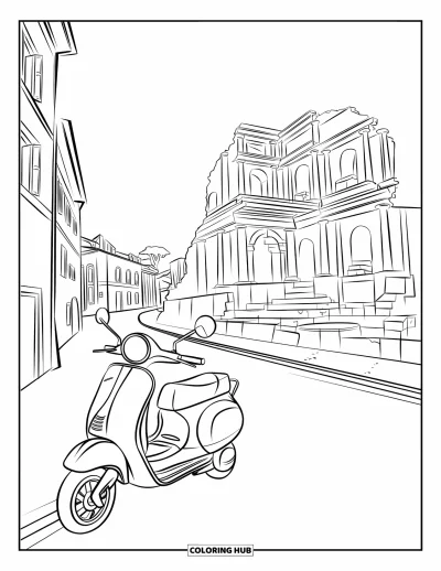Coloriage d'Italie pour enfants : Une rue de Rome mêle d'anciennes ruines à des scooters modernes et une architecture en arcades
