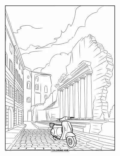 Coloriage d'Italie pour enfants : Un scooter est garé près d'anciennes ruines sur un pavé romain sous un ciel dégagé