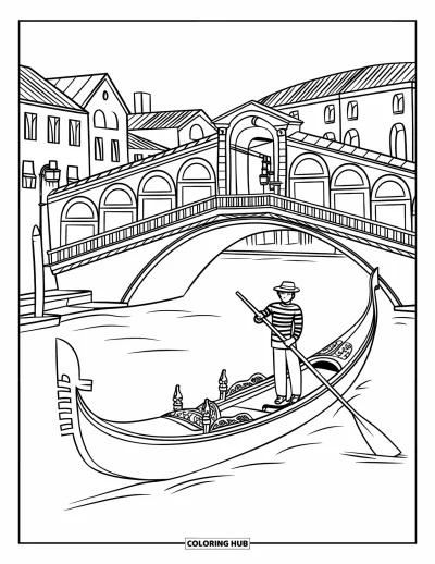 Coloriage d'Italie pour enfants : Un gondolier en tenue rayée glisse sous des ponts en arcades le long de paisibles canaux