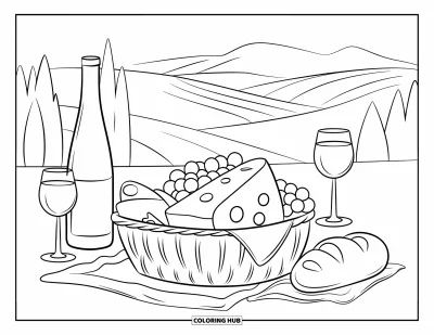 Coloriage d'Italie pour enfants : Un pique-nique toscan comprend du fromage, des olives et du vin avec des collines en arrière-plan