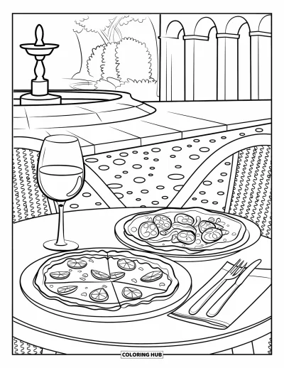 Coloriage d'Italie pour enfants : Une table de café italien présente des pâtes, du vin et une fontaine en arrière-plan