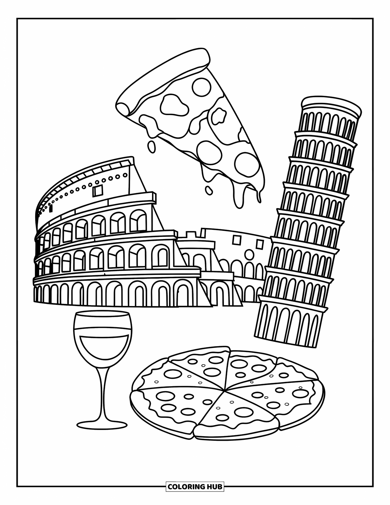 Italy Coloring Page for Kids: An Italy-inspired collage features a gondola, pizza, wine, and famous landmarks