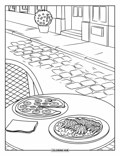 Coloriage d'Italie pour enfants : Une table en terrasse propose de la pizza, des pâtes et une plante en pot au bord d'une rue pittoresque