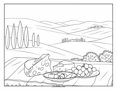 Coloriage d'Italie pour enfants : Du fromage et du vin sont posés sur une table face aux collines et aux villages de Toscane