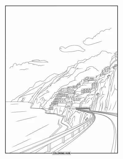 Coloriage d'Italie pour enfants : Des routes en corniche et des villages côtiers mettent en valeur la beauté de la côte amalfitaine